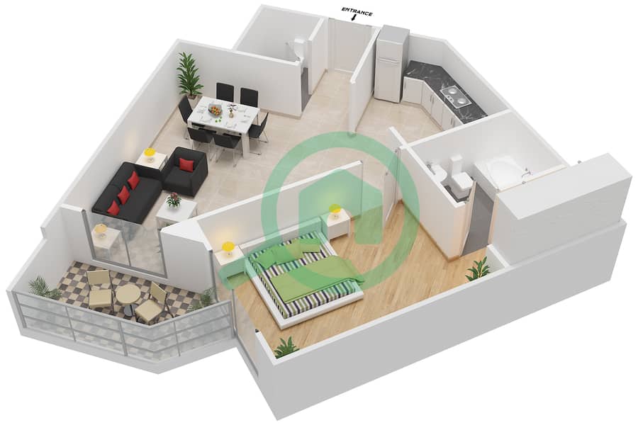 绿景公寓2号 - 1 卧室公寓类型C戶型图 interactive3D
