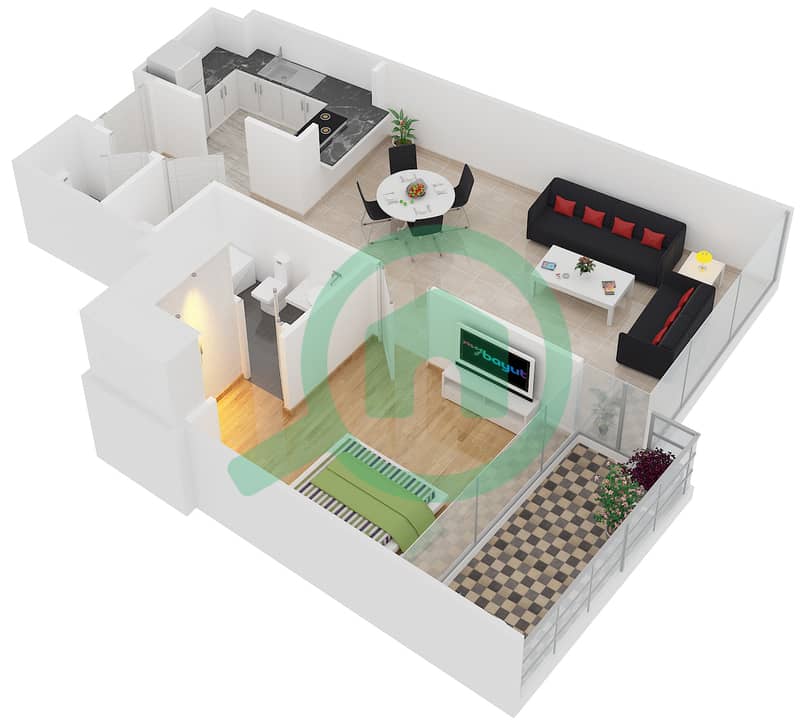 景观2号高塔 - 1 卧室公寓单位2 FLOOR 5,7,9,11,13,15,17戶型图 interactive3D