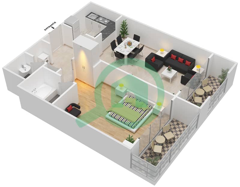 Грин Вью 2 - Апартамент 1 Спальня планировка Тип E interactive3D