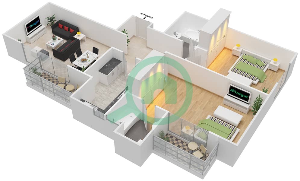 المخططات الطابقية لتصميم النموذج A شقة 2 غرفة نوم - جرين فيو 2 interactive3D