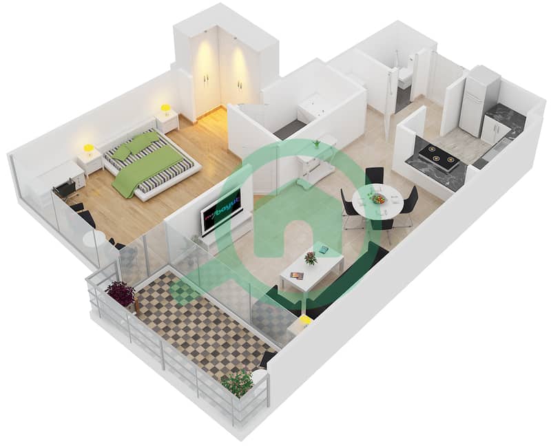 景观2号高塔 - 1 卧室公寓单位2 FLOOR 4,6,8,10,12,14,16戶型图 interactive3D
