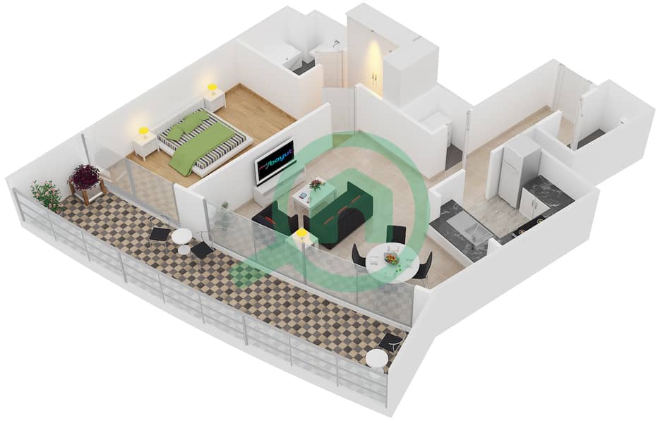 景观2号高塔 - 1 卧室公寓单位7 FLOOR 4-18戶型图 interactive3D
