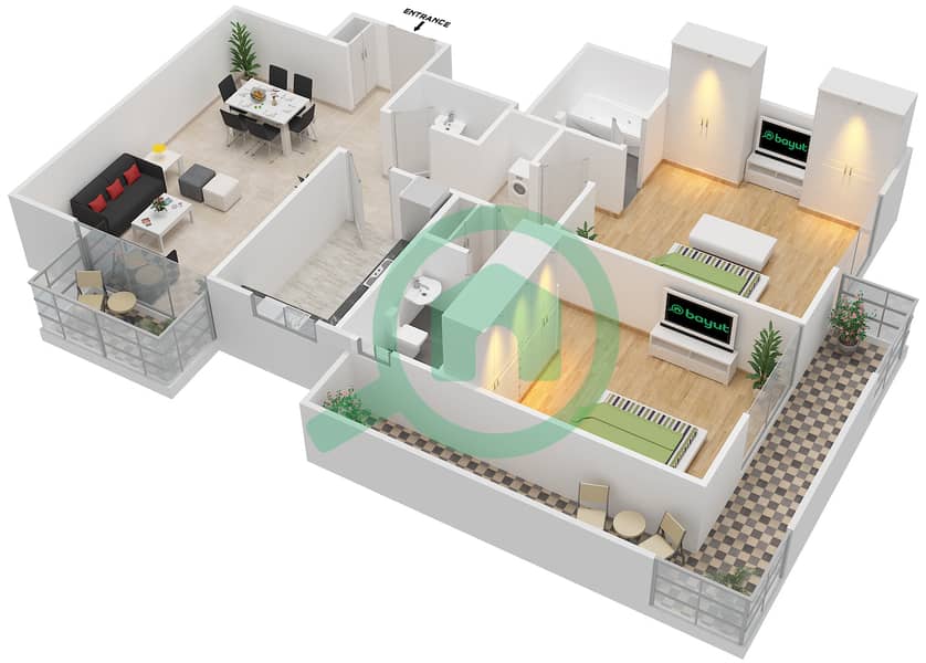 المخططات الطابقية لتصميم النموذج B شقة 2 غرفة نوم - جرين فيو 2 interactive3D