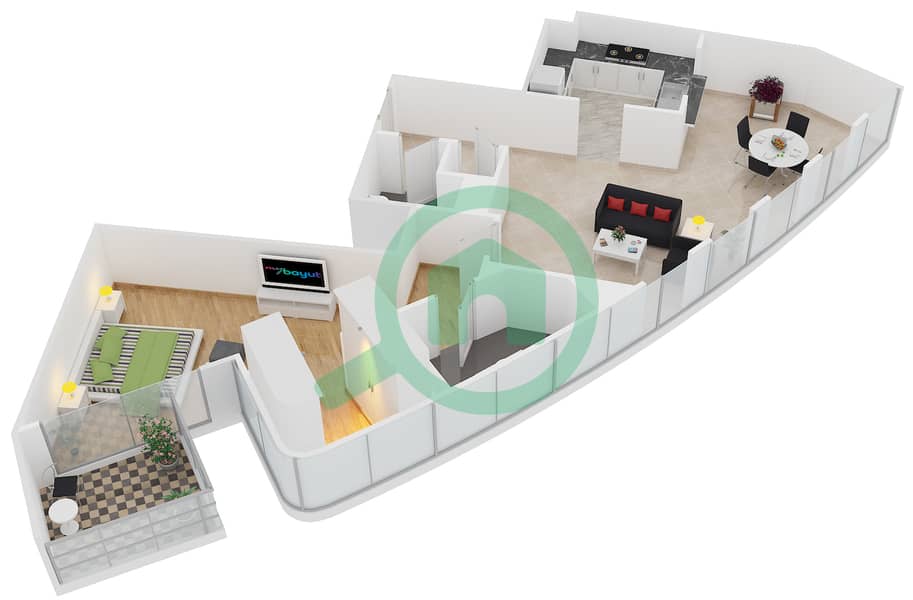 景观2号高塔 - 1 卧室公寓单位8 FLOOR 4-18戶型图 interactive3D