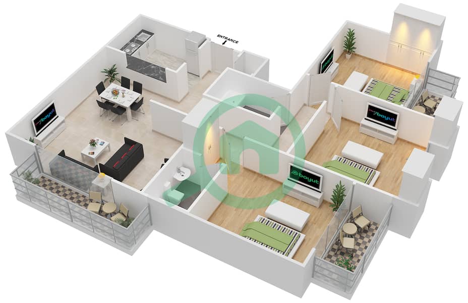 Грин Вью 2 - Апартамент 3 Cпальни планировка Тип F interactive3D