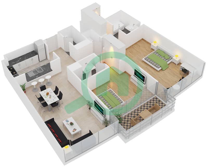 景观2号高塔 - 2 卧室公寓单位3 FLOOR 4,6,8,10,12,14,16戶型图 interactive3D