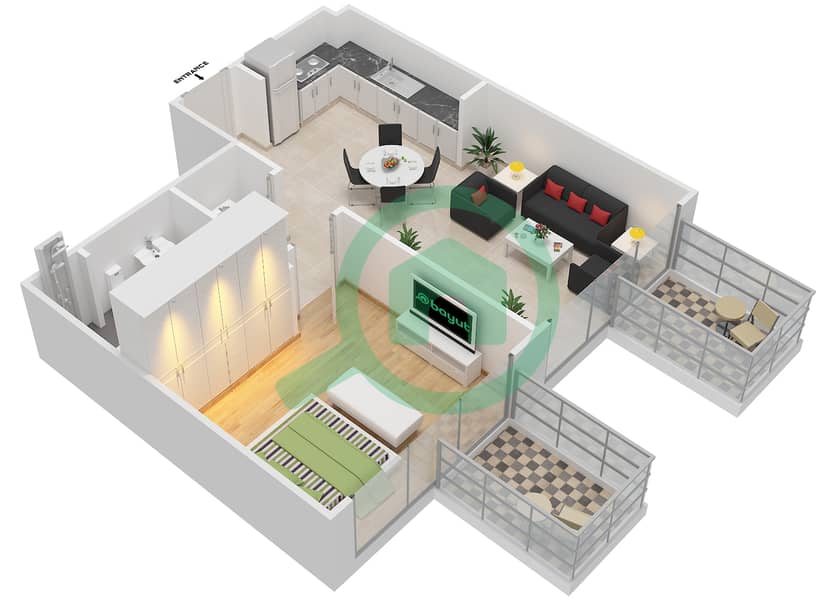 Фархад Азизи Резиденс - Апартамент 1 Спальня планировка Тип 3 FLOOR 2-17 interactive3D