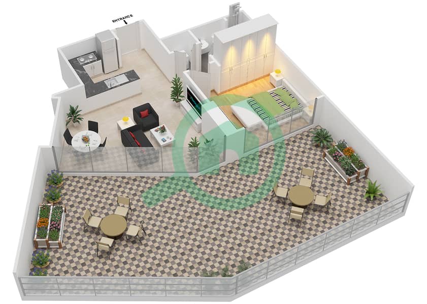 المخططات الطابقية لتصميم النموذج 4 FLOOR 1 شقة 1 غرفة نوم - فرهاد عزيزي ريزيدنس interactive3D