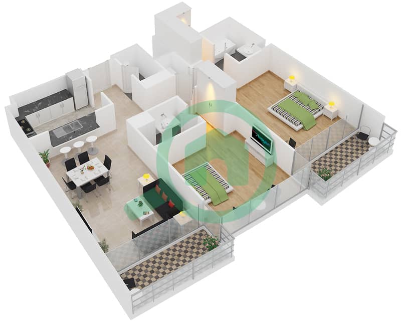 景观2号高塔 - 2 卧室公寓单位3 FLOOR 5,7,9,11,13,15,17戶型图 interactive3D