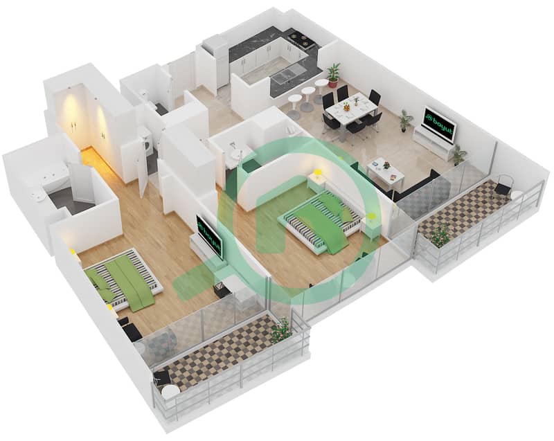 المخططات الطابقية لتصميم الوحدة 4 FLOOR 4,6,8,10,12,14,16 شقة 2 غرفة نوم - برج فيستا 2 interactive3D