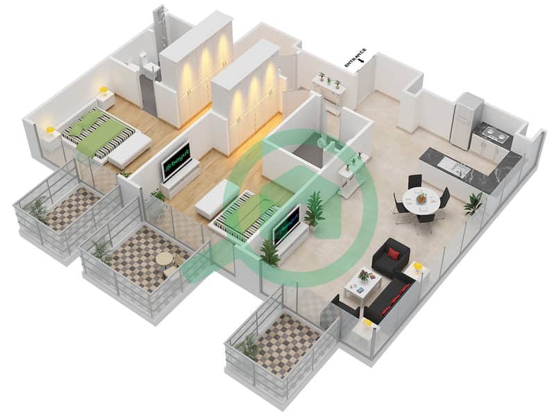 Фархад Азизи Резиденс - Апартамент 2 Cпальни планировка Тип 1 FLOOR 3 interactive3D