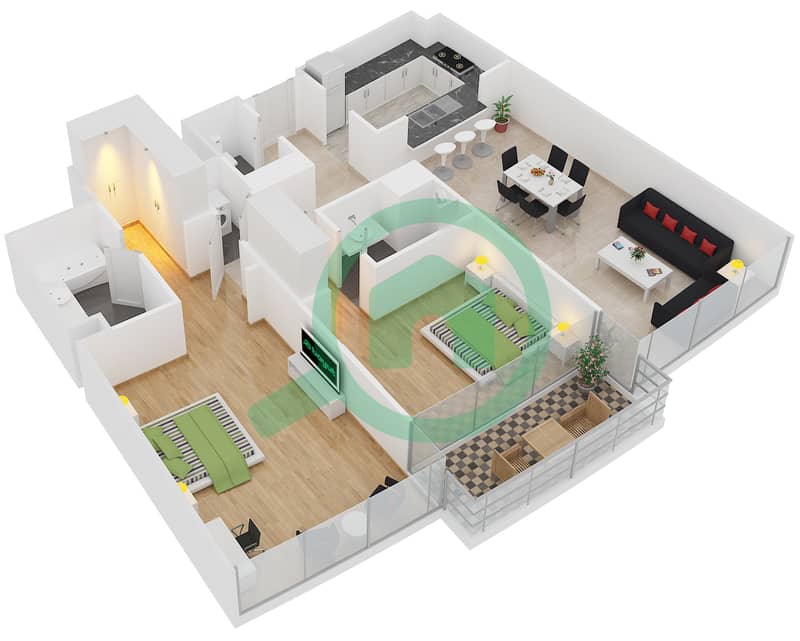 景观2号高塔 - 2 卧室公寓单位4 FLOOR 5,7,9,11,13,15,17戶型图 interactive3D