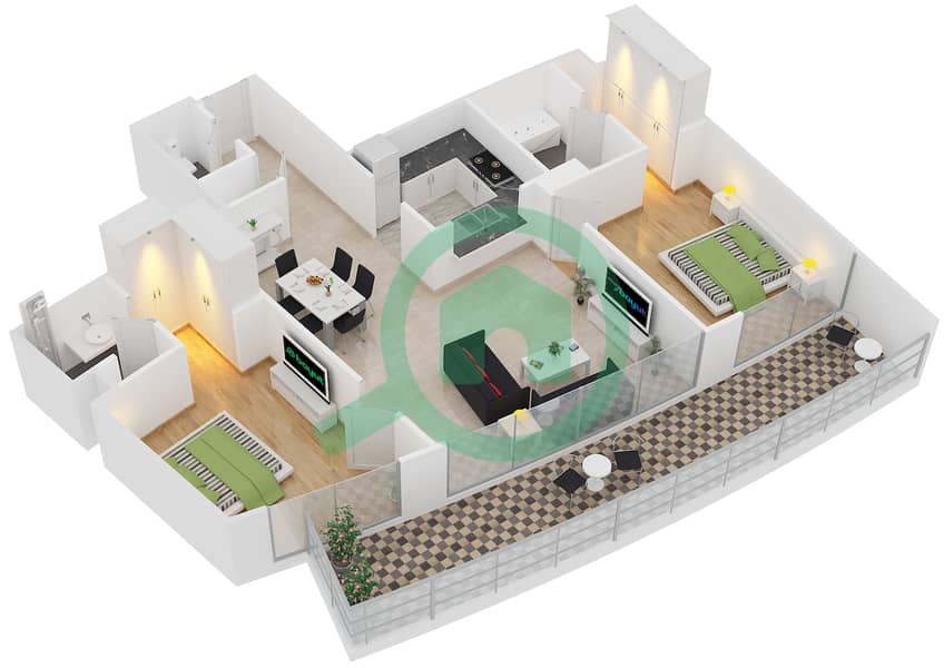 المخططات الطابقية لتصميم الوحدة 6 FLOOR 4-18 شقة 2 غرفة نوم - برج فيستا 2 interactive3D