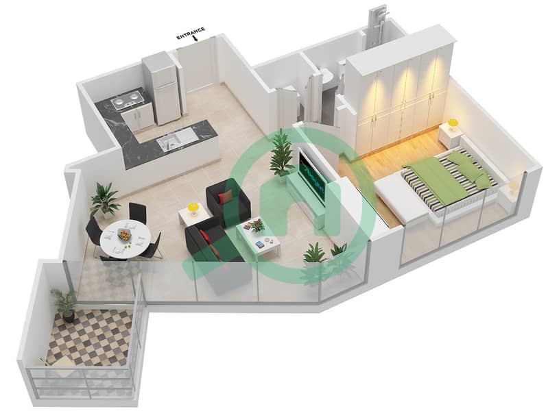 法哈德-阿齐兹公寓 - 1 卧室公寓类型4 FLOOR 2-17戶型图 interactive3D