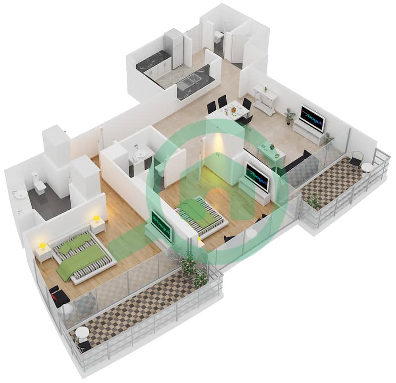 景观2号高塔 - 2 卧室公寓单位1 FLOOR 4,6,8,10,12,14,16戶型图 interactive3D