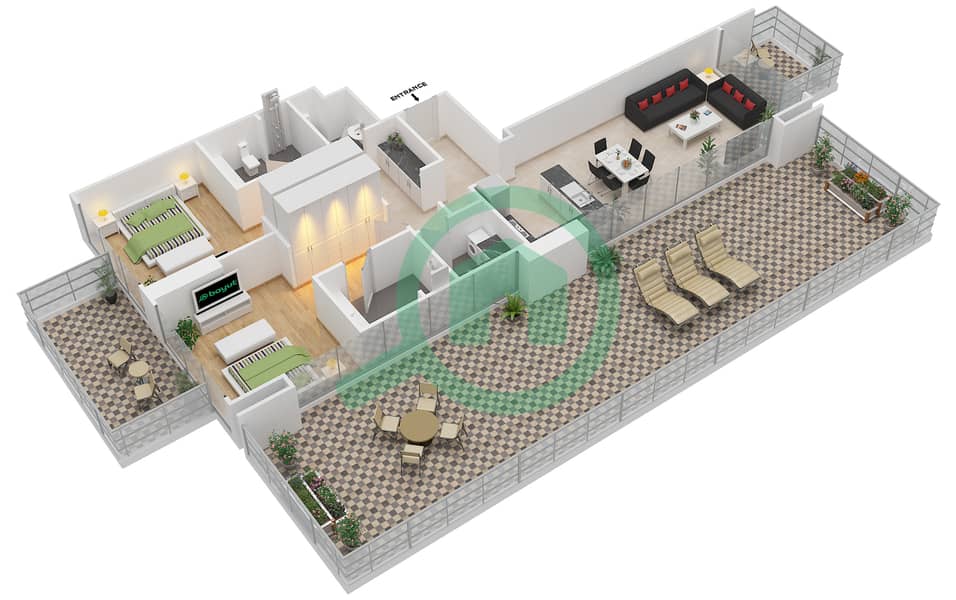 Фархад Азизи Резиденс - Апартамент 2 Cпальни планировка Тип 3 FLOOR 16 interactive3D