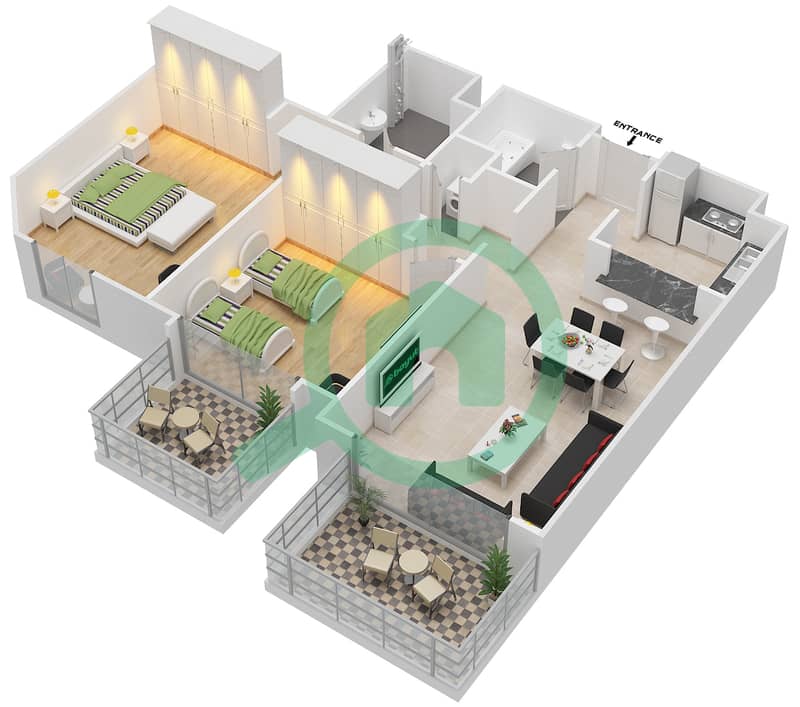 المخططات الطابقية لتصميم النموذج D-ANSAM 2,3 شقة 2 غرفة نوم - أنسام interactive3D