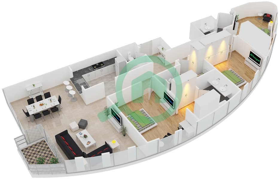 المخططات الطابقية لتصميم الوحدة 5 FLOOR 4,6,8,10,12,14,16 شقة 3 غرف نوم - برج فيستا 2 interactive3D
