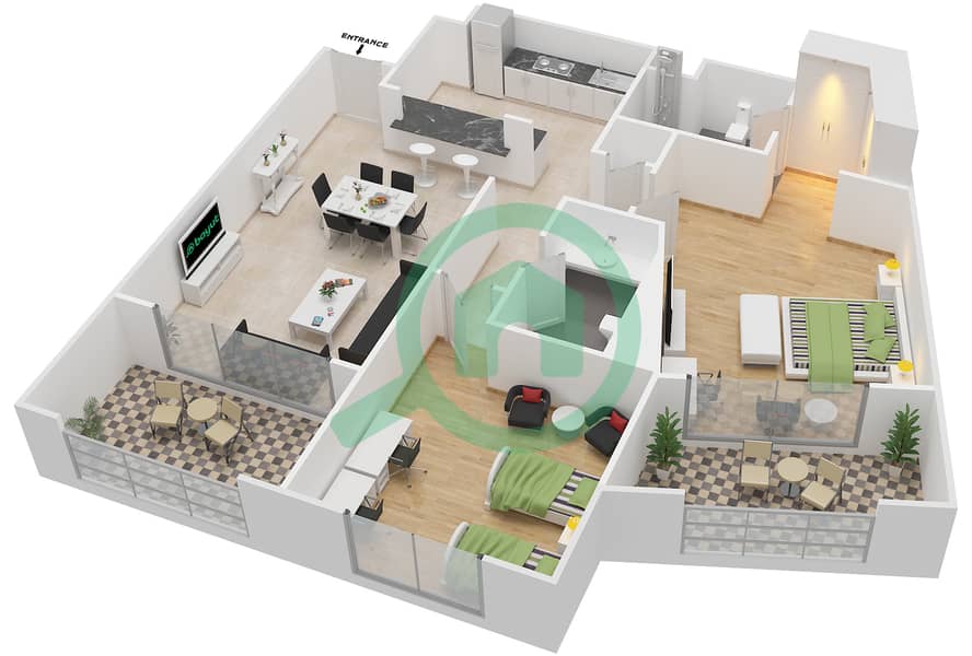 المخططات الطابقية لتصميم النموذج G-ANSAM 1 شقة 2 غرفة نوم - أنسام interactive3D
