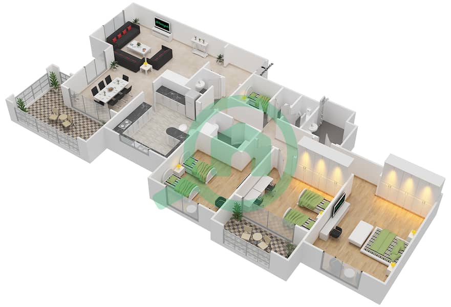 المخططات الطابقية لتصميم النموذج B-ANSAM 4 شقة 3 غرف نوم - أنسام interactive3D