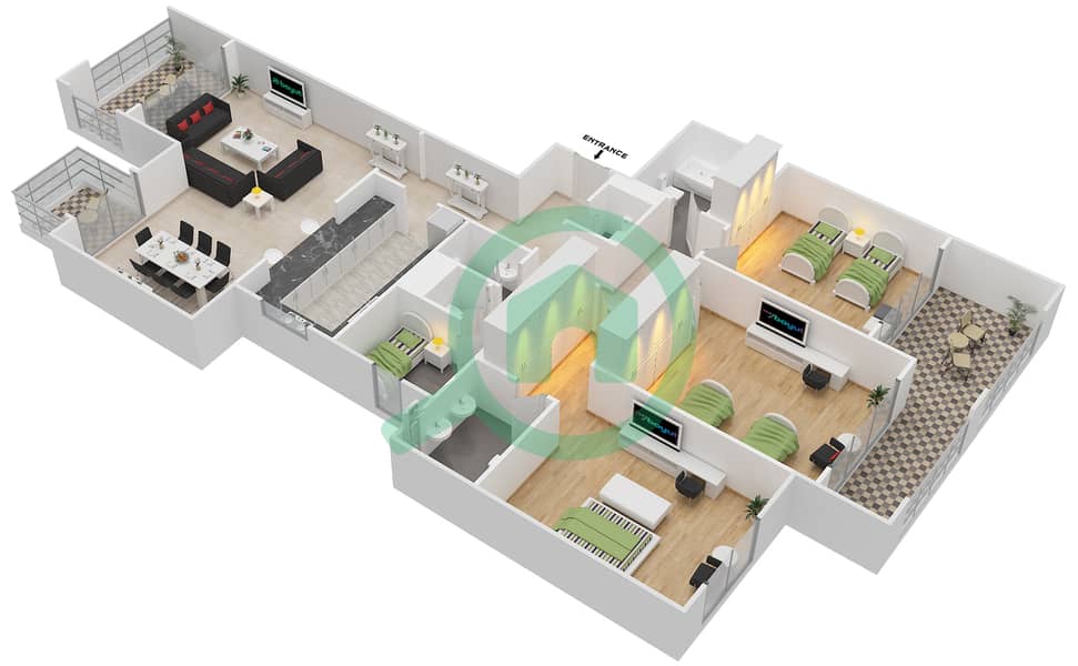 المخططات الطابقية لتصميم النموذج B-ANSAM 2,3 شقة 3 غرف نوم - أنسام interactive3D