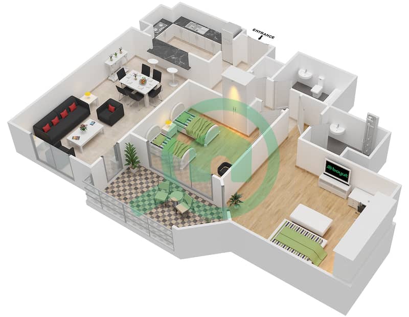 安萨姆公寓 - 2 卧室公寓类型E-ANSAM 2,3戶型图 interactive3D
