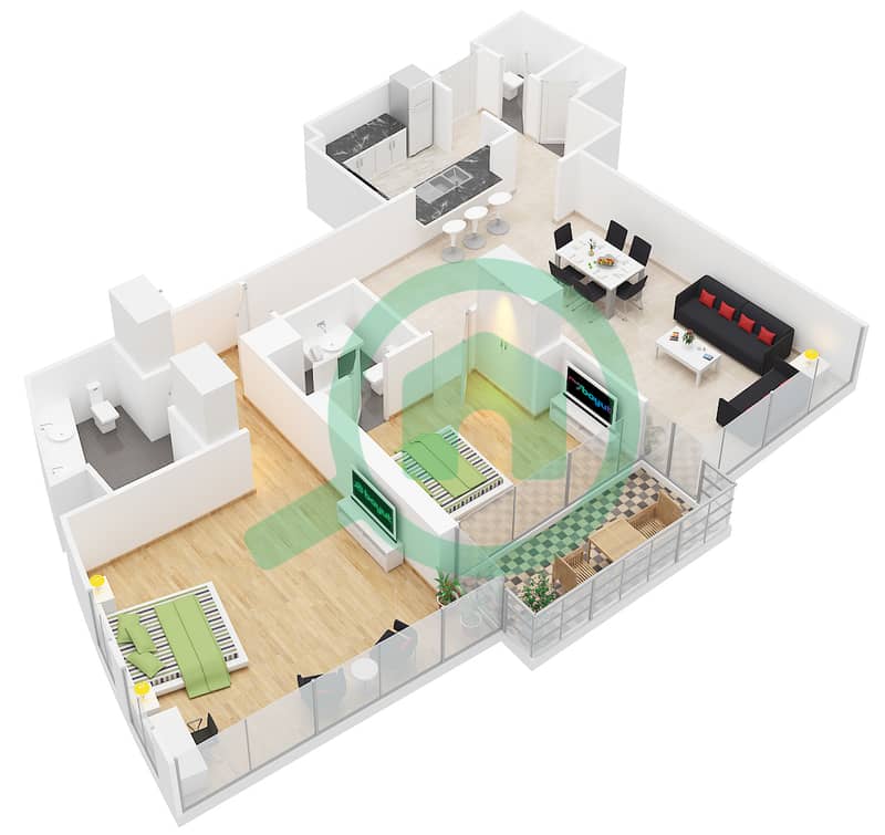 المخططات الطابقية لتصميم الوحدة 1 FLOOR 5,7,9,11,13,15,17 شقة 2 غرفة نوم - برج فيستا 2 interactive3D