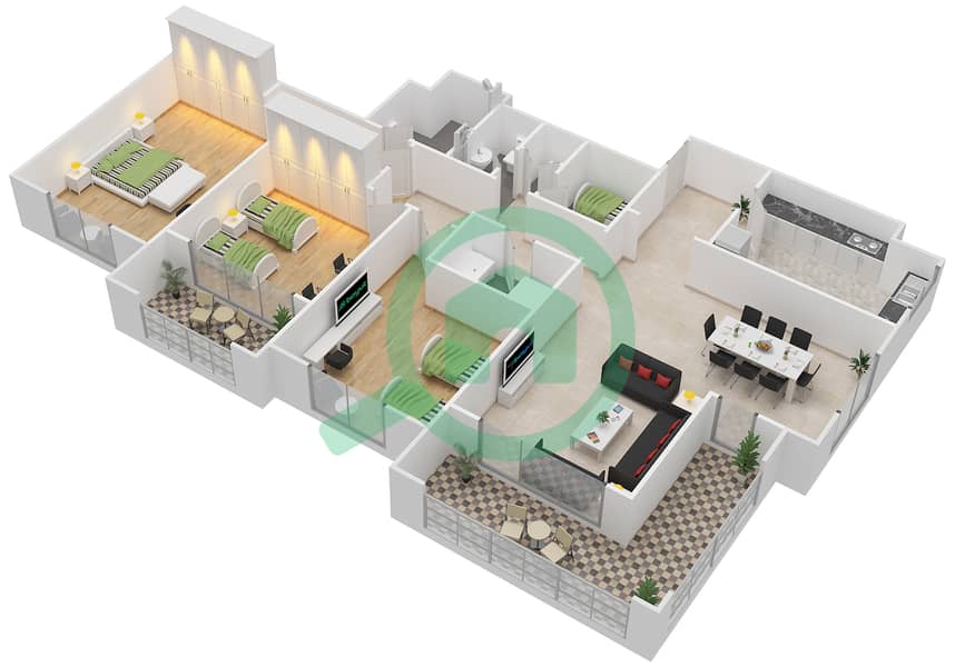 المخططات الطابقية لتصميم النموذج C-ANSAM 4 شقة 3 غرف نوم - أنسام interactive3D