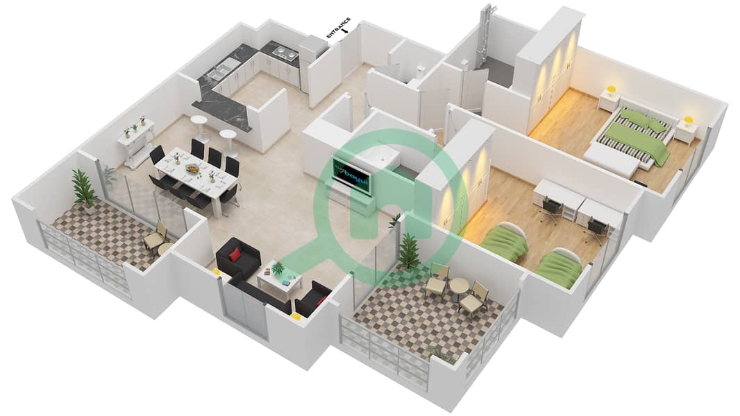 المخططات الطابقية لتصميم النموذج B-ANSAM 2,3 شقة 2 غرفة نوم - أنسام interactive3D