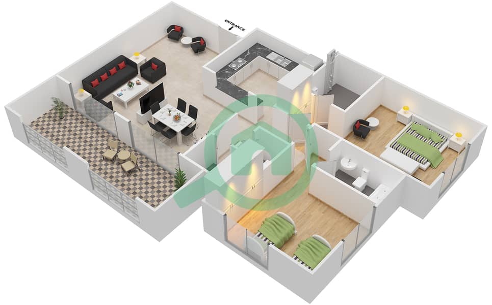 المخططات الطابقية لتصميم النموذج A-ANSAM 4 شقة 2 غرفة نوم - أنسام interactive3D
