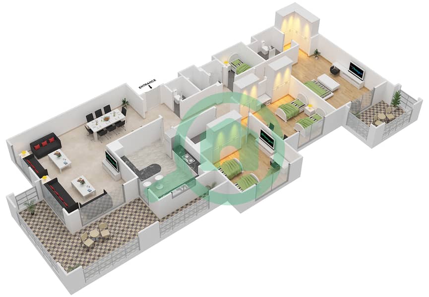Ансам - Апартамент 3 Cпальни планировка Тип A-ANSAM 2,3 interactive3D