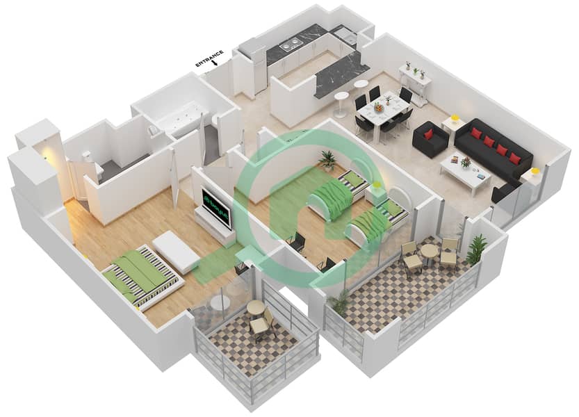 المخططات الطابقية لتصميم النموذج C-ANSAM 2,3 شقة 2 غرفة نوم - أنسام interactive3D