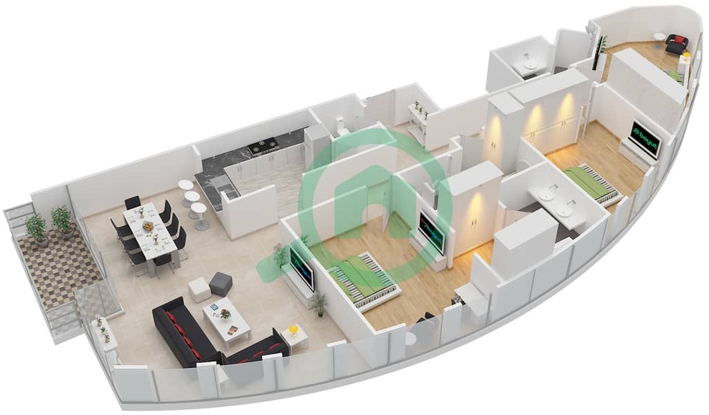 景观2号高塔 - 3 卧室公寓单位5 FLOOR 5,7,9,11,13,15,17戶型图 interactive3D