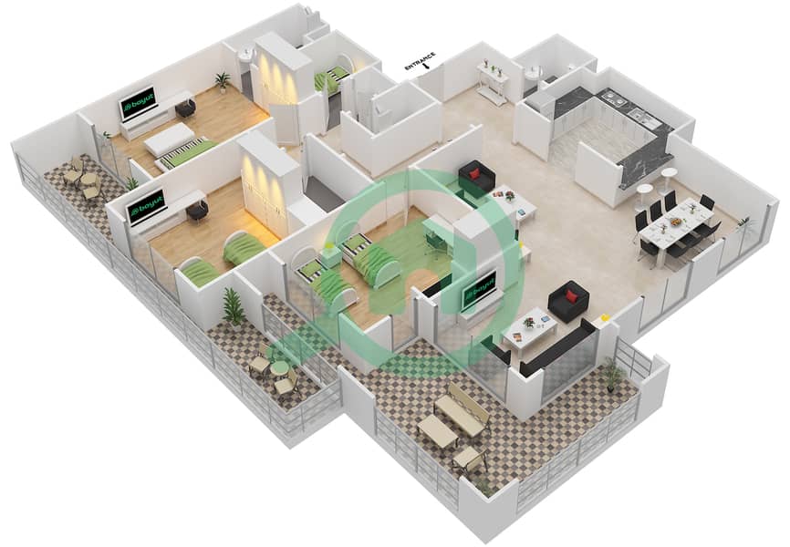 المخططات الطابقية لتصميم النموذج F-ANSAM 2,3 شقة 3 غرف نوم - أنسام interactive3D