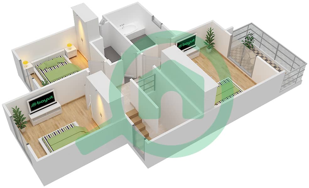 المخططات الطابقية لتصميم النموذج 10 تاون هاوس 3 غرف نوم - صافي تاون هاوس interactive3D