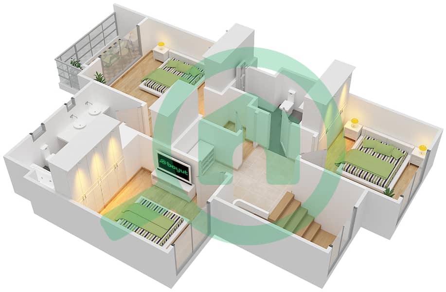 المخططات الطابقية لتصميم النموذج 9 تاون هاوس 3 غرف نوم - صافي تاون هاوس interactive3D