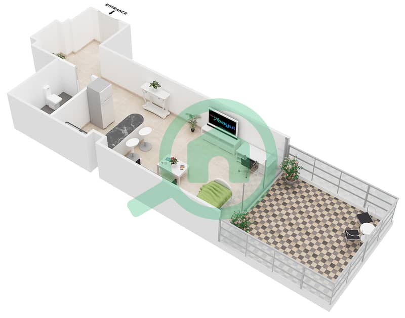 المخططات الطابقية لتصميم النموذج 1 شقة استوديو - الجوهرة ريزيدنس interactive3D
