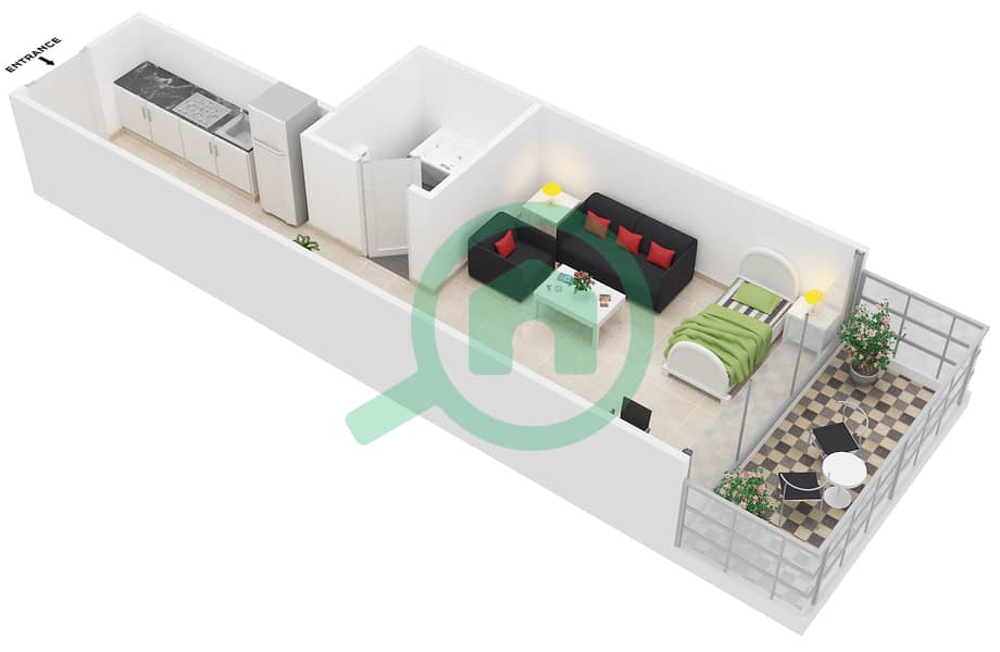 Al Jawhara Residences - Studio Apartment Type 3 Floor plan interactive3D