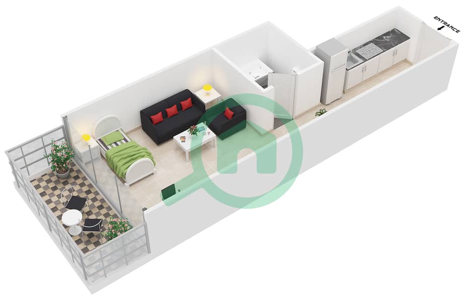 Аль Джаухара Резиденсес - Апартамент Студия планировка Тип 4 interactive3D