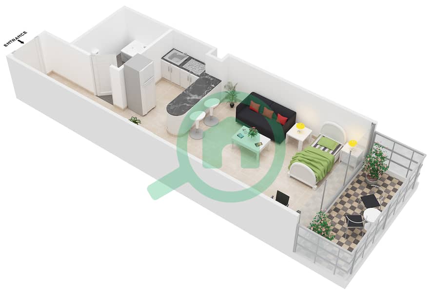 Аль Джаухара Резиденсес - Апартамент Студия планировка Тип 6 interactive3D