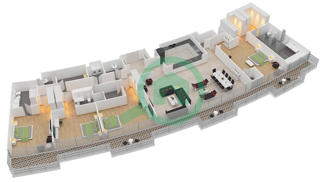 景观2号高塔 - 4 卧室顶楼公寓单位2 FLOOR 19戶型图 interactive3D