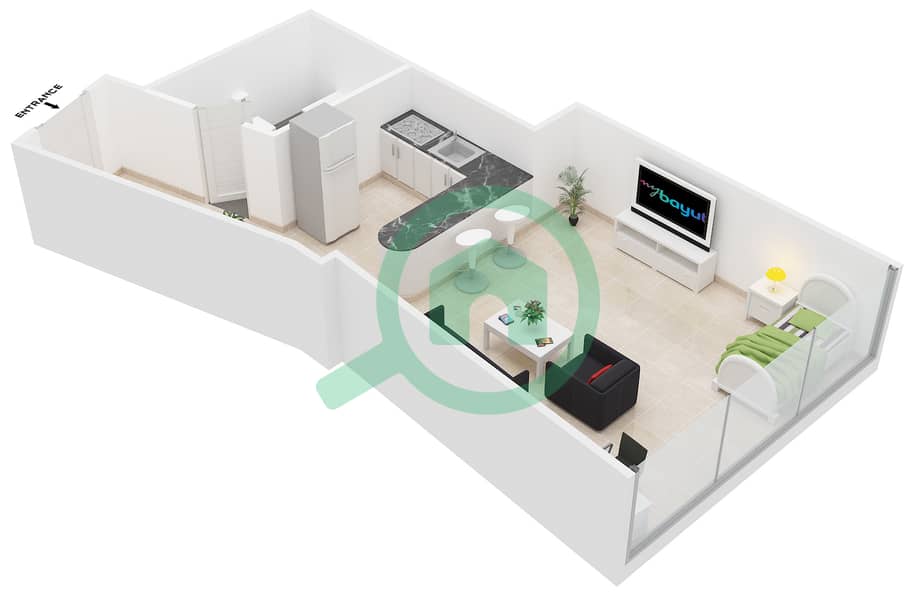 المخططات الطابقية لتصميم النموذج 14 شقة استوديو - الجوهرة ريزيدنس interactive3D