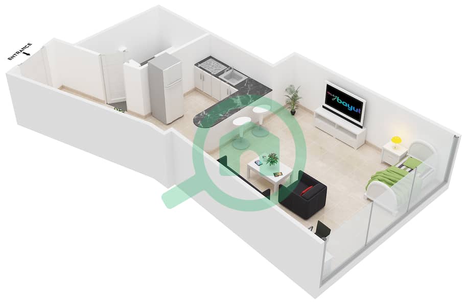 Al Jawhara Residences - Studio Apartment Type 14 Floor plan interactive3D