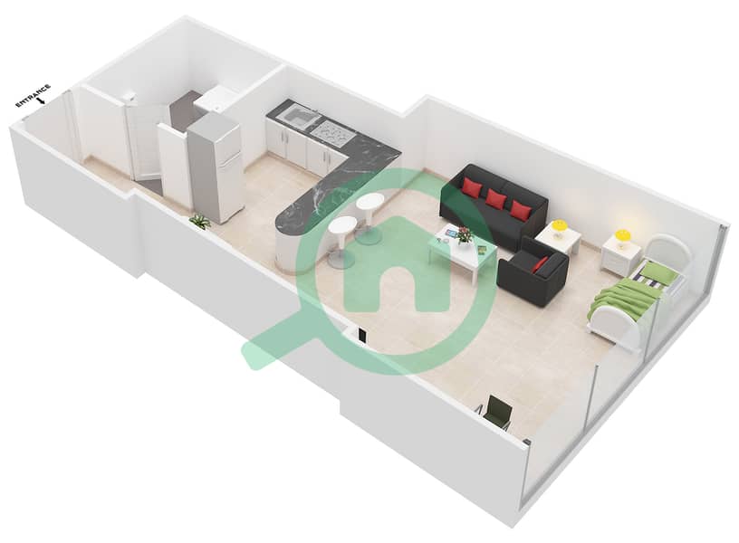 Al Jawhara Residences - Studio Apartment Type 16 Floor plan interactive3D