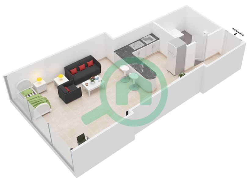 Al Jawhara Residences - Studio Apartment Type 17 Floor plan interactive3D
