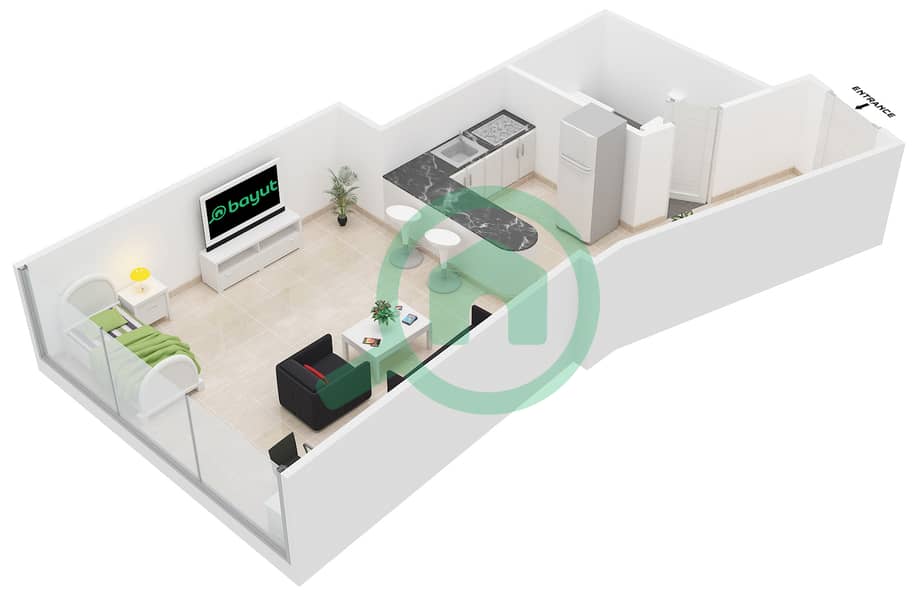 Al Jawhara Residences - Studio Apartment Type 19 Floor plan interactive3D