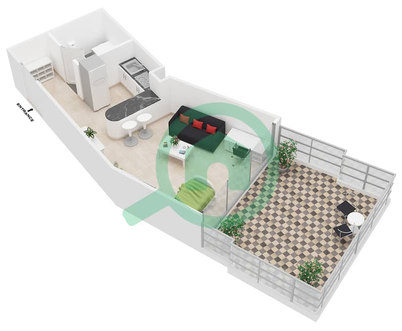 Al Jawhara Residences - Studio Apartment Type 20 Floor plan interactive3D