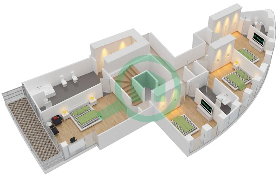 景观2号高塔 - 5 卧室顶楼公寓单位3戶型图 interactive3D