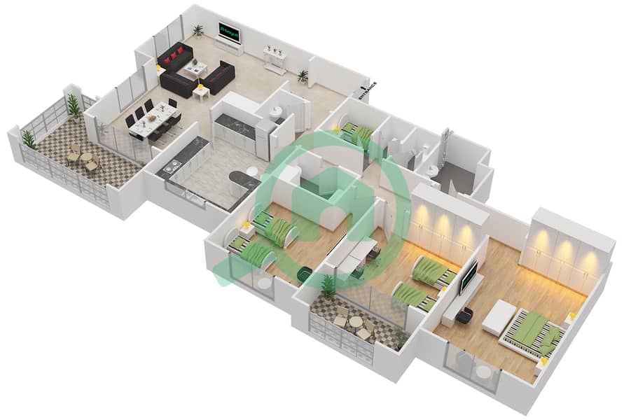 المخططات الطابقية لتصميم النموذج A-ANSAM 4 شقة 3 غرف نوم - أنسام interactive3D