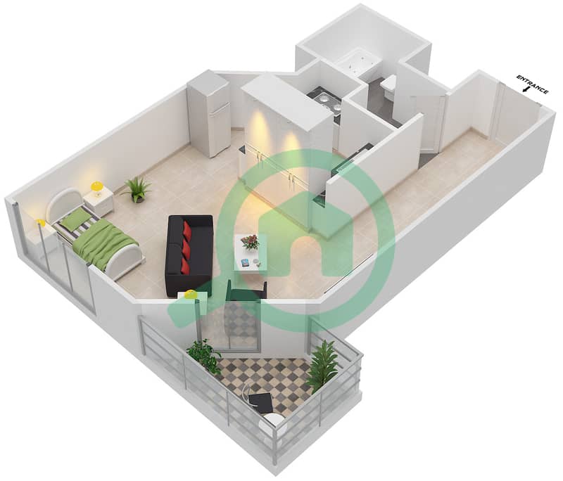 麦迪逊住宅大厦 - 单身公寓类型／单位2B/1,14戶型图 interactive3D